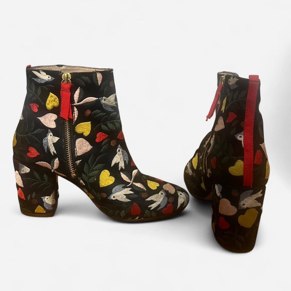 Boden Black Suede Embroidered Ankle Boots EU 37 US 6.5 7